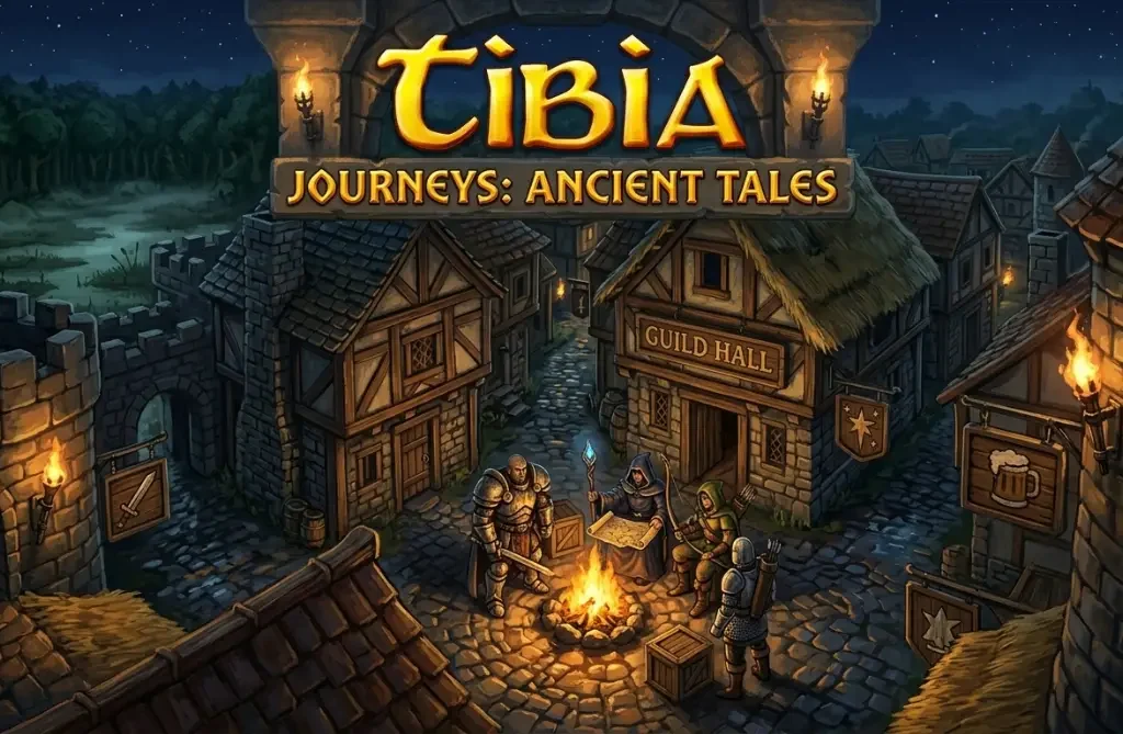 players of tibia sitting in the town near fire