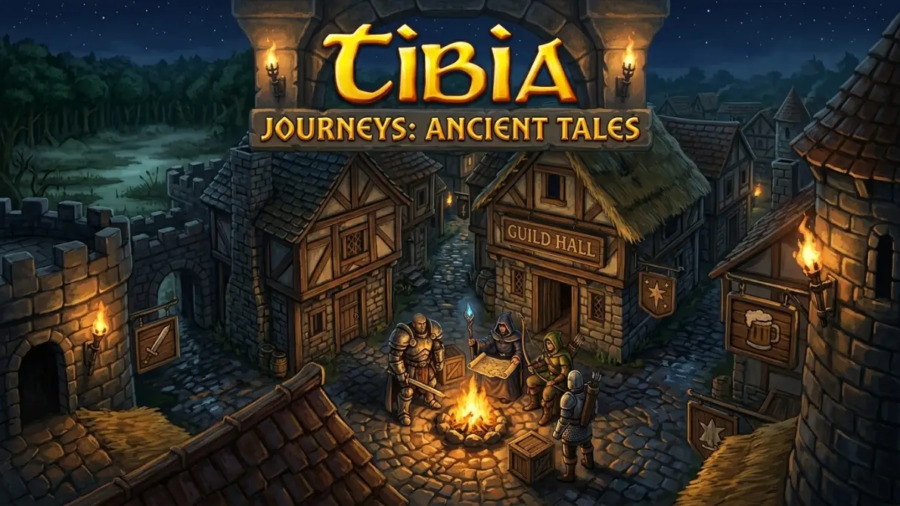 players of tibia sitting in the town near fire