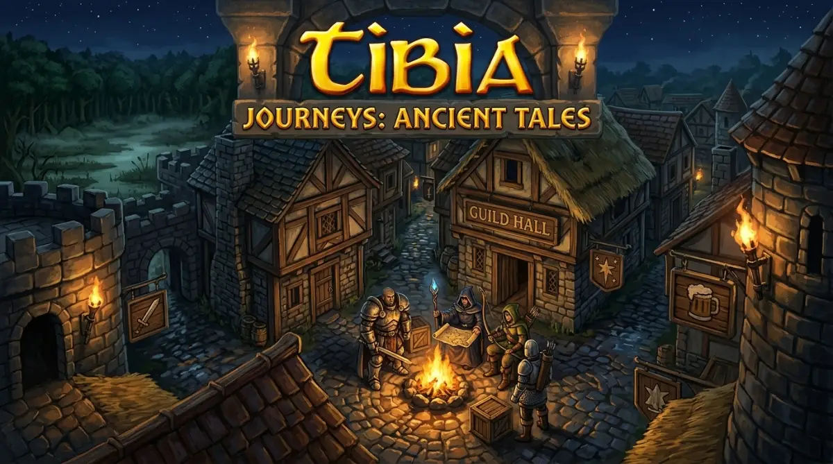players of tibia sitting in the town near fire